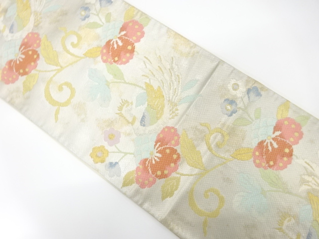 JAPANESE KIMONO / ANTIQUE FUKURO OBI / SILK / WOVEN FLOWERS & BIRDS & SARASA